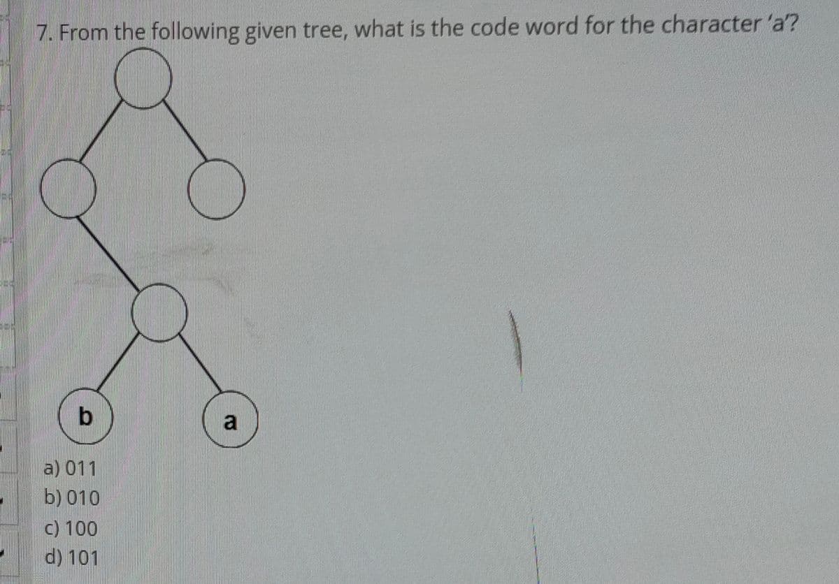 7. From the following given tree, what is the code word for the character 'a?
b
a
a) 011
b) 010
c) 100
d) 101
