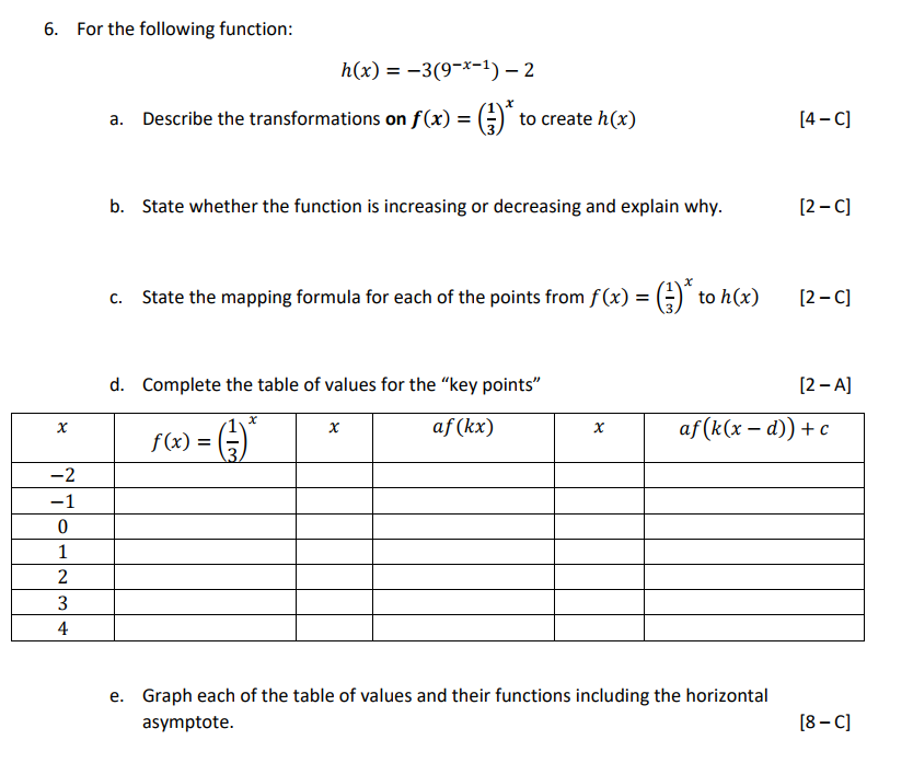 6. For the following function:
h(x) = -3(9~*-1) – 2
a. Describe the transformations on f(x) = (;) to create h(x)
[4 – C]
b. State whether the function is increasing or decreasing and explain why.
[2-디]
c. State the mapping formula for each of the points from f(x) =
:" to h(x)
[2 – C]
d. Complete the table of values for the "key points"
[2 – A]
16) = )
af (k(x – d)) + c
af (kx)
f(x) =
-2
-1
1
2
3
4
e. Graph each of the table of values and their functions including the horizontal
asymptote.
[8 – C]
