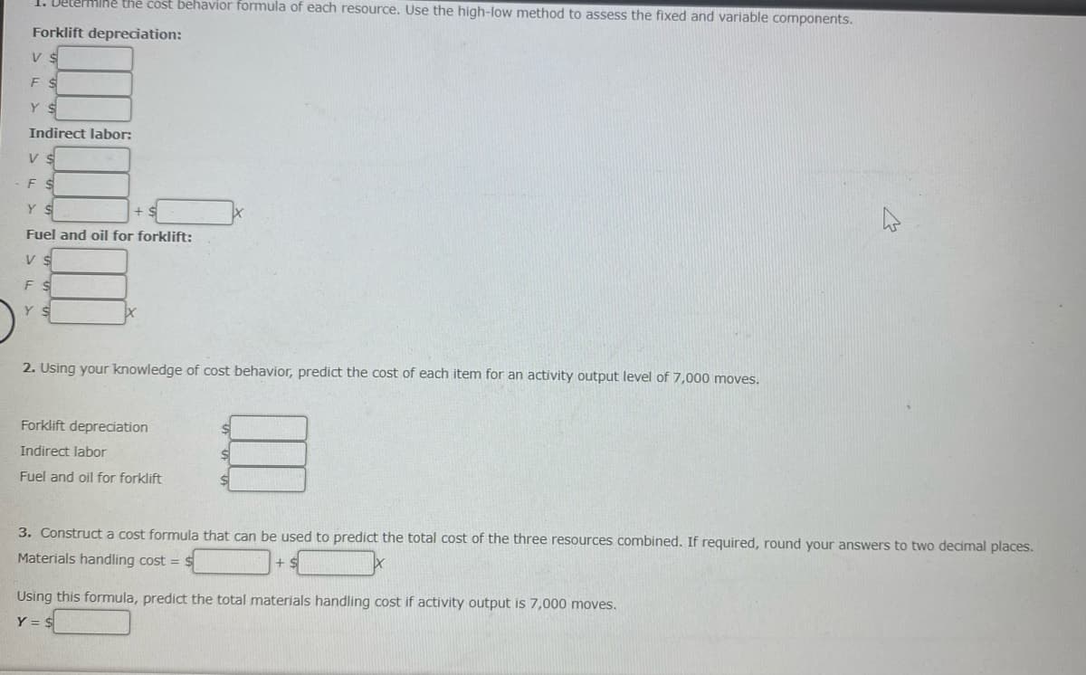 1. Determihe the cost behavior formula of each resource. Use the high-low method to assess the fixed and variable components.
Forklift depreciation:
F $
Y $
Indirect labor:
V
F S
Y S
Fuel and oil for forklift:
E S
Y S
2. Using your knowledge of cost behavior, predict the cost of each item for an activity output level of 7,000 moves.
Forklift depreciation
Indirect labor
Fuel and oil for forklift
3. Construct a cost formula that can be used to predict the total cost of the three resources combined. If required, round your answers to two decimal places.
Materials handling cost =
Using this formula, predict the total materials handling cost if activity output is 7,000 moves.
Y = $

