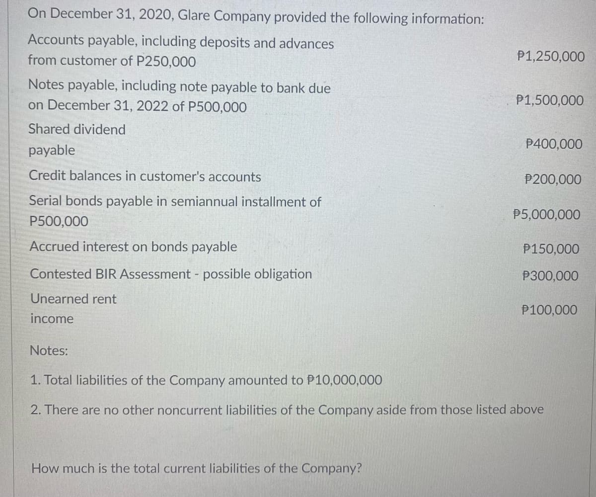 On December 31, 2020, Glare Company provided the following information:
Accounts payable, including deposits and advances
from customer of P250,000
P1,250,000
Notes payable, including note payable to bank due
on December 31, 2022 of P500,000
P1,500,000
Shared dividend
P400,000
payable
Credit balances in customer's accounts
P200,000
Serial bonds payable in semiannual installment of
P5,000,000
P500,000
Accrued interest on bonds payable
P150,000
Contested BIR Assessment - possible obligation
P300,000
Unearned rent
P100,000
income
Notes:
1. Total liabilities of the Company amounted to P10,000,000
2. There are no other noncurrent liabilities of the Company aside from those listed above
How much is the total current liabilities of the Company?
