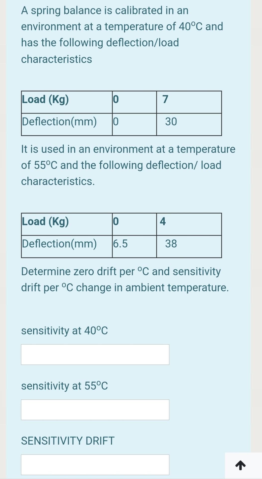 A spring balance is calibrated in an
environment at a temperature of 40°C and
has the following deflection/load
characteristics
Load (Kg)
7
Deflection(mm)
30
It is used in an environment at a temperature
of 55°C and the following deflection/ load
characteristics.
Load (Kg)
4
Deflection(mm)
6.5
38
Determine zero drift per °C and sensitivity
drift per °C change in ambient temperature.
sensitivity at 40°C
sensitivity at 55°C
SENSITIVITY DRIFT
