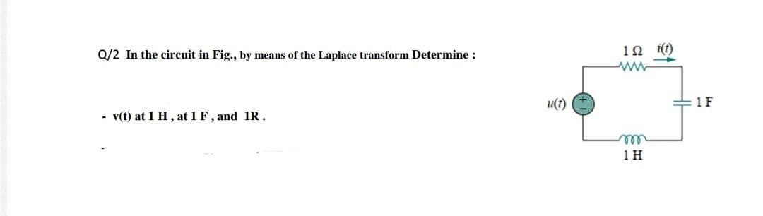 Q/2 In the circuit in Fig., by means of the Laplace transform Determine :
10 i(t)
u(1)
1 F
- v(t) at 1 H, at 1 F, and 1R.
ele
1H
