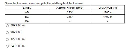 Given the traverse below, compute the total length of the traverse.
LINES
AZIMUTH from North
DISTANCE (m)
АВ
225°
1200 m
вс
346°
1400 m
CA
3892.08 m
2692.08
1292.08 m
O 2492.08 m
