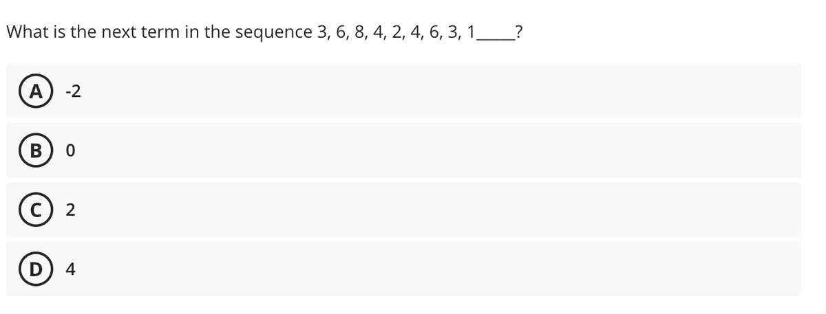 What is the next term in the sequence 3, 6, 8, 4, 2, 4, 6, 3, 1.
A -2
B
D
0
2
4
?