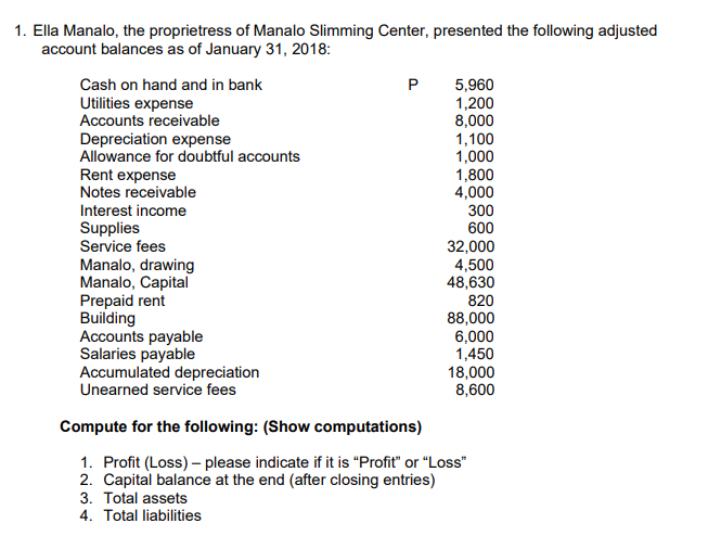 1. Ella Manalo, the proprietress of Manalo Slimming Center, presented the following adjusted
account balances as of January 31, 2018:
5,960
1,200
8,000
1,100
1,000
1,800
4,000
300
600
Cash on hand and in bank
P
Utilities expense
Accounts receivable
Depreciation expense
Allowance for doubtful accounts
Rent expense
Notes receivable
Interest income
Supplies
Service fees
Manalo, drawing
Manalo, Capital
Prepaid rent
Building
Accounts payable
Salaries payable
Accumulated depreciation
32,000
4,500
48,630
820
88,000
6,000
1,450
18,000
8,600
Unearned service fees
Compute for the following: (Show computations)
1. Profit (Loss) – please indicate if it is “Profit" or "Loss"
2. Capital balance at the end (after closing entries)
3. Total assets
4. Total liabilities
