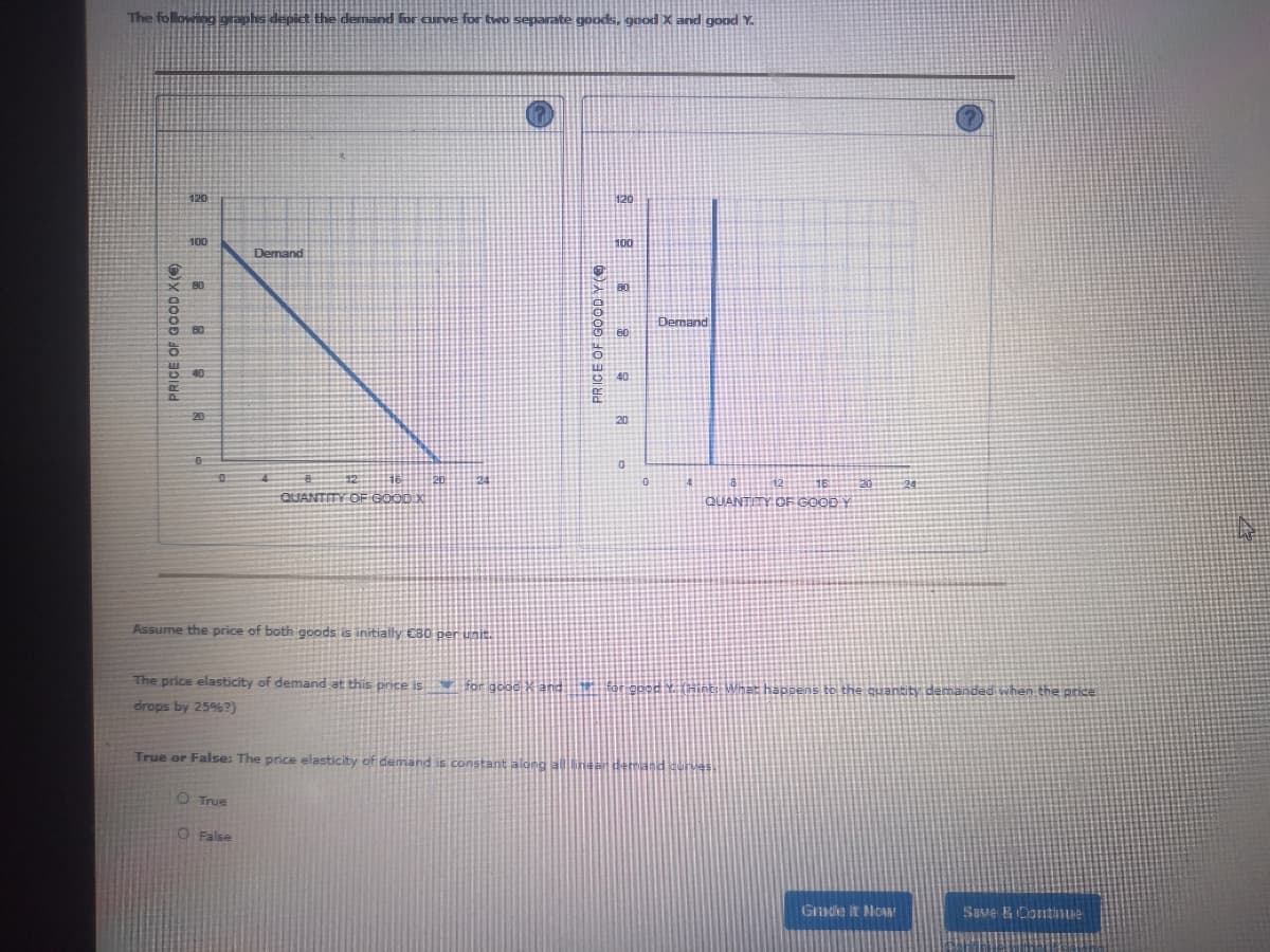 The following graphs
demand for curve for two separate goods, good X and good Y.
120
100
100
Demand
X B0
Demand
of
20
14
24
QUANTITY OF GOOD X
QUANTITY OF GOOD Y
Assume the price of both goods is initially C80 per unit.
The price elasticity of demand at this price is
l for good Kand for eped Y (Hint What happens to the quantity demanded when the price
drops by 25%?)
True or False: The price elasticity of demand is constant along a0Oheer dermand curves
O True
O False
Grade It NoM
Save & Contiue
PRICE OF GOOD X(
PRICE OF GOOD Y(@
