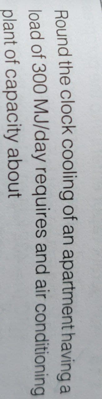 Round the clock cooling of an apartment having a
load of 300 MJ/day requires and air conditioning
plant of capacity about

