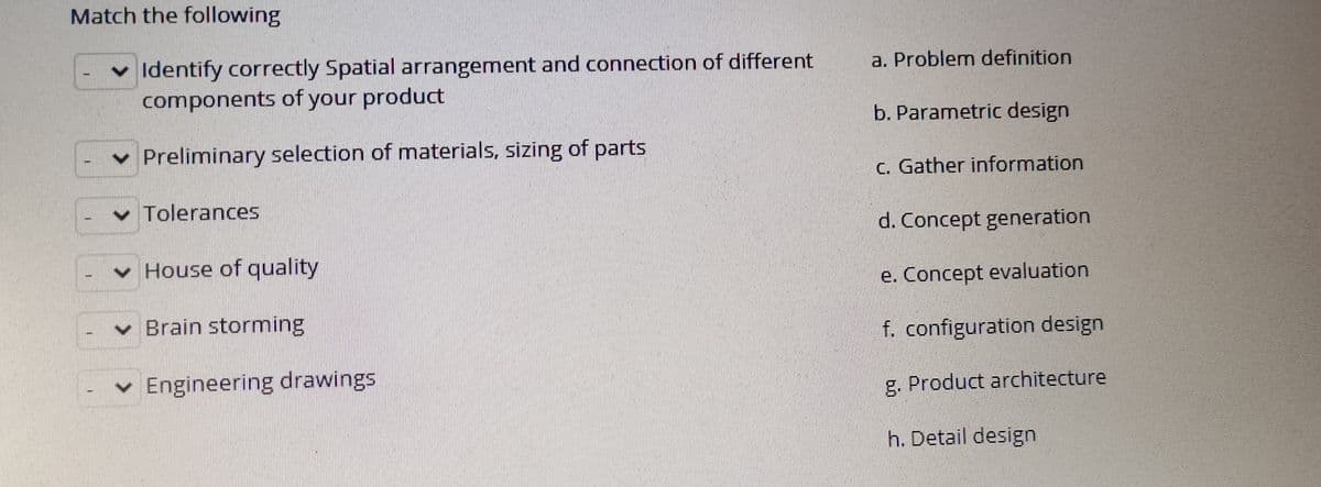 Match the following
v Identify correctly Spatial arrangement and connection of different
components of your product
a. Problem definition
b. Parametric design
v Preliminary selection of materials, sizing of parts
c. Gather information
v Tolerances
d. Concept generation
v House of quality
e. Concept evaluation
v Brain storming
f. configuration design
vEngineering drawings
g. Product architecture
h. Detail design
