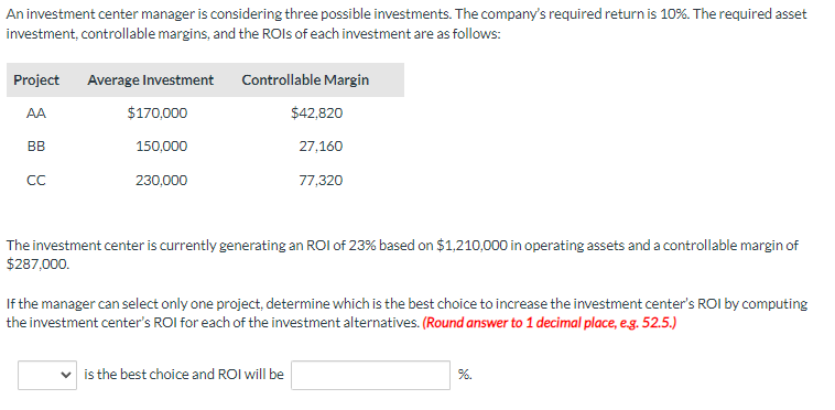 An investment center manager is considering three possible investments. The company's required return is 10%. The required asset
investment, controllable margins, and the ROIS of each investment are as follows:
Project Average Investment
AA
BB
cc
$170,000
150,000
230,000
Controllable Margin
$42,820
27,160
77,320
The investment center is currently generating an ROI of 23% based on $1,210,000 in operating assets and a controllable margin of
$287,000.
If the manager can select only one project, determine which is the best choice to increase the investment center's ROI by computing
the investment center's ROI for each of the investment alternatives. (Round answer to 1 decimal place, e.g. 52.5.)
is the best choice and ROI will be
%.