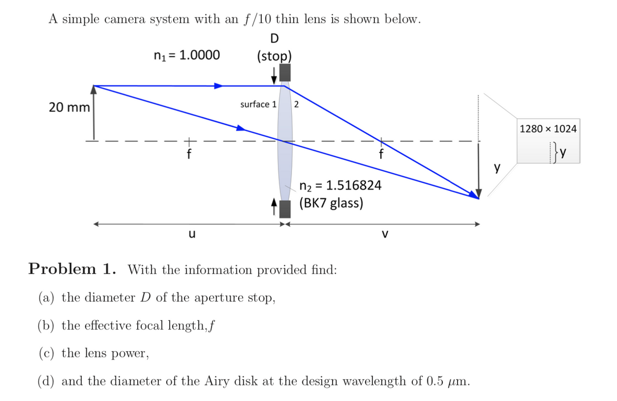 A simple camera system with an f/10 thin lens is shown below.
n1 = 1.0000
(stop)
20 mm
surface 1
2
1280 x 1024
y
n2 = 1.516824
(BK7 glass)
V
Problem 1. With the information provided find:
(a) the diameter D of the aperture stop,
(b) the effective focal length,f
(c) the lens
power,
(d) and the diameter of the Airy disk at the design wavelength of 0.5 µm.
