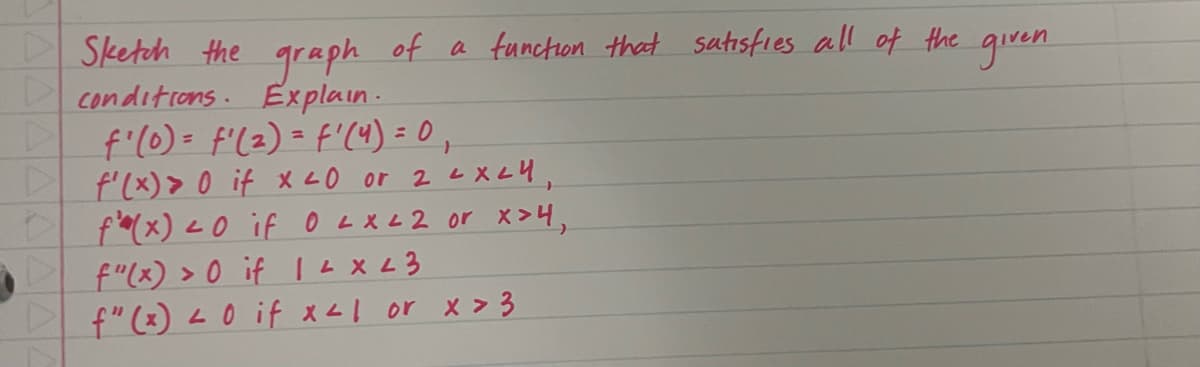 Sketch the graph of a function that satisfies all of the
conditions. Explain.
f'(0) = f'(2) = f'(4) = 0₁
Df'(x) > 0 if x <0 or 2 ≤ x 24,
D f'(x) <0 if 0 2 x ²2 or x>4,
L
f"(x) > 0 if 14x23
L
f" (x) < 0 if x ²1 or x > 3
given