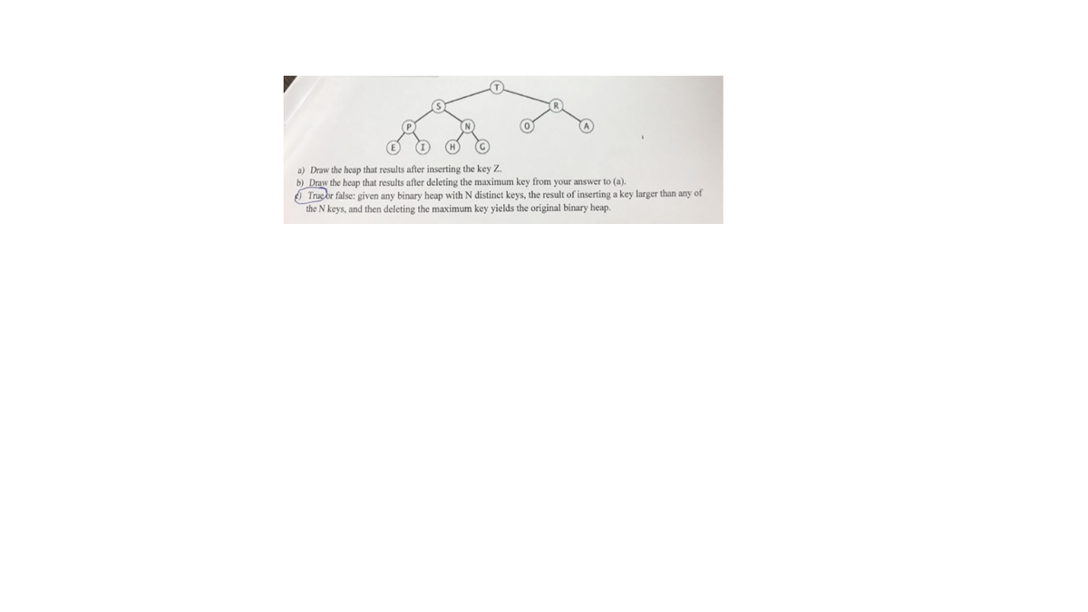 a) Draw the heap that results after inserting the key Z.
b) Draw the heap that results after deleting the maximum key from your answer to (a).
A Truc or false: given any binary heap with N distinct keys, the result of inserting a key larger than any of
the N keys, and then deleting the maximum key yields the original binary heap.
