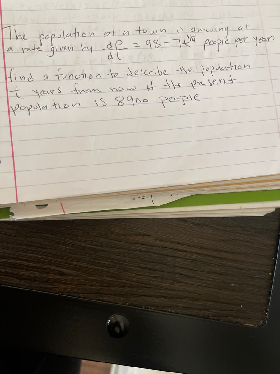 The population of a town s
a paté given by dP = 98-7ta
growing.at
peoplie per Year.
dt.
Hind
a function to Jescribe the popdation.
t yars from
popula tion ls 8900 peopie
now H the pejent
