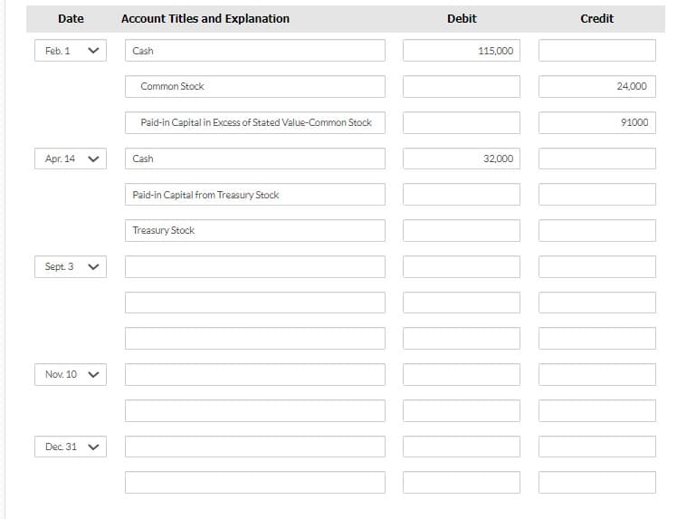 Date
Feb. 1
Apr. 14
Sept. 3
Nov. 10
V
Dec. 31 V
Account Titles and Explanation
Cash
Common Stock
Paid-in Capital in Excess of Stated Value-Common Stock
Cash
Paid-in Capital from Treasury Stock
Treasury Stock
Debit
115,000
32,000
Credit
24,000
91000