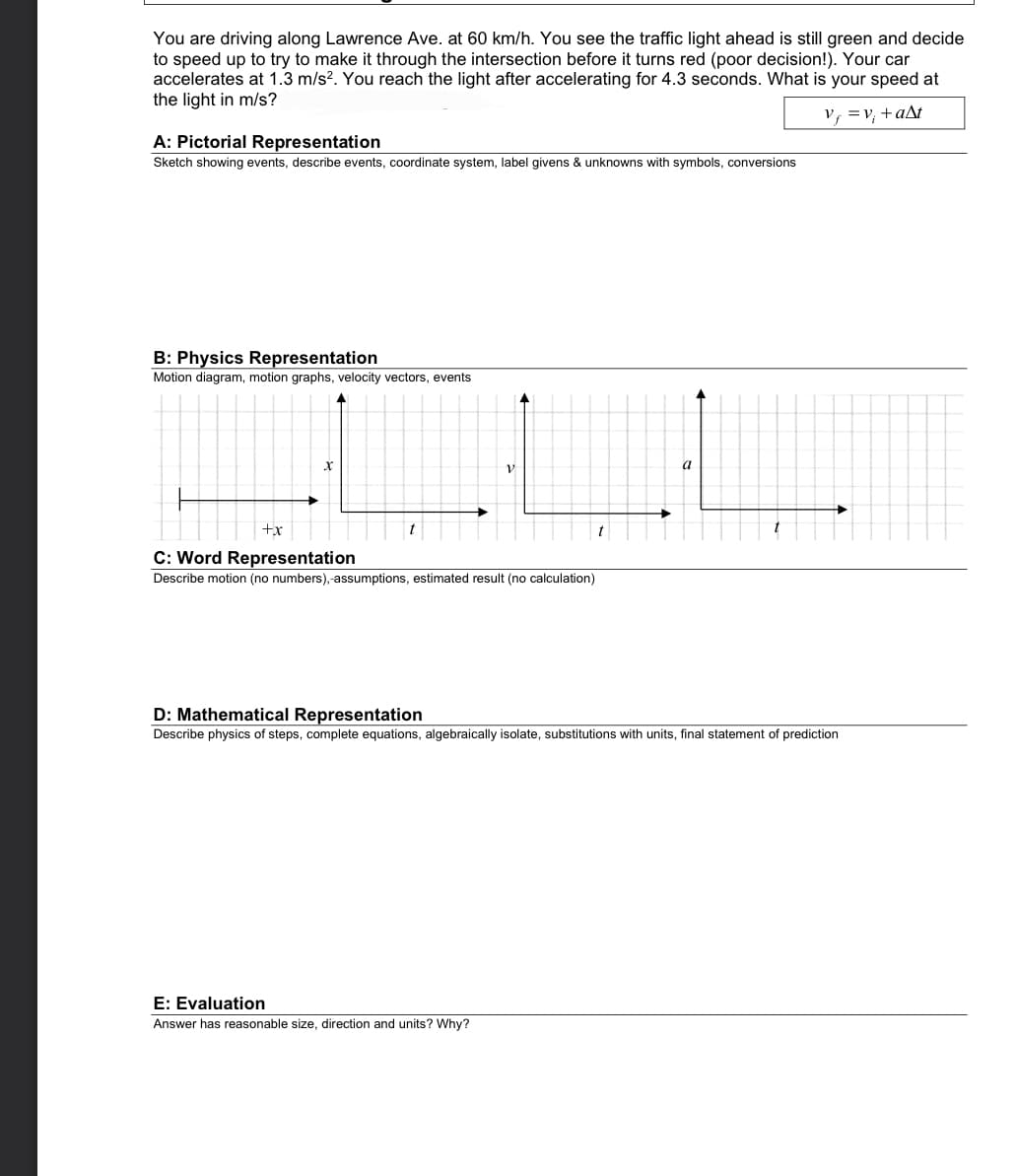 You are driving along Lawrence Ave.
to speed up to try to make it through the intersection before it turns red (poor decision!). Your car
accelerates at 1.3 m/s?. You reach the light after accelerating for 4.3 seconds. What is your speed at
the light in m/s?
60 km/h. You see the traffic light ahead is still green and decide
V, =v, +aAt
A: Pictorial Representation
Sketch showing events, describe events, coordinate system, label givens & unknowns with symbols, conversions
B: Physics Representation
Motion diagram, motion graphs, velocity vectors, events
a
+x
t
t
C: Word Representation
Describe motion (no numbers),-assumptions, estimated result (no calculation)
D: Mathematical Representation
Describe physics of steps, complete equations, algebraically isolate, substitutions with units, final statement of prediction
E: Evaluation
Answer has reasonable size, direction and units? Why?
