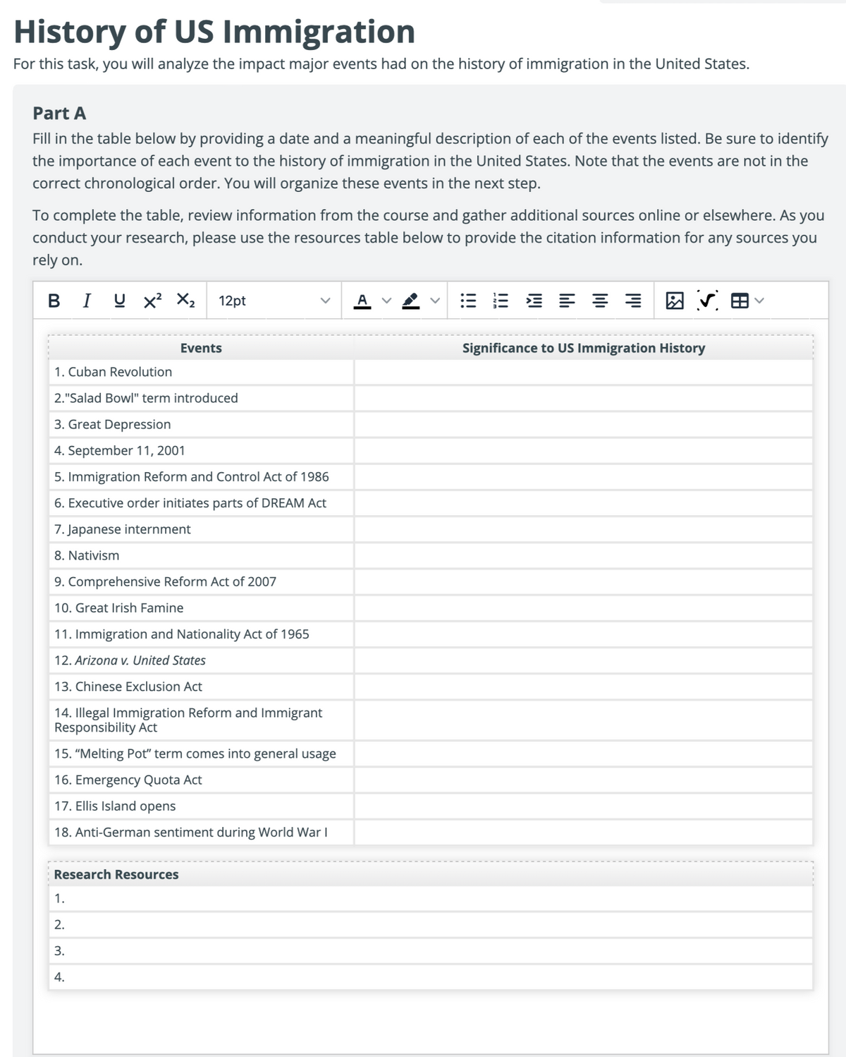 History of US Immigration
For this task, you will analyze the impact major events had on the history of immigration in the United States.
Part A
Fill in the table below by providing a date and a meaningful description of each of the events listed. Be sure to identify
the importance of each event to the history of immigration in the United States. Note that the events are not in the
correct chronological order. You will organize these events in the next step.
you
To complete the table, review information from the course and gather additional sources online or elsewhere. AS
conduct
your research, please use the resources table below to provide the citation information for any sources you
rely on.
BIU X X2
12pt
E E E E = =
因v田
Events
Significance to US Immigration History
1. Cuban Revolution
2."Salad Bowl" term introduced
3. Great Depression
4. September 11, 2001
5. Immigration Reform and Control Act of 1986
6. Executive order initiates parts of DREAM Act
7. Japanese internment
8. Nativism
9. Comprehensive Reform Act of 2007
10. Great Irish Famine
11. Immigration and Nationality Act of 1965
12. Arizona v. United States
13. Chinese Exclusion Act
14. Illegal Immigration Reform and Immigrant
Responsibility Act
15. "Melting Pot" term comes into general usage
16. Emergency Quota Act
17. Ellis Island opens
18. Anti-German sentiment during World War I
Research Resources
1.
2.
3.
4.
>
