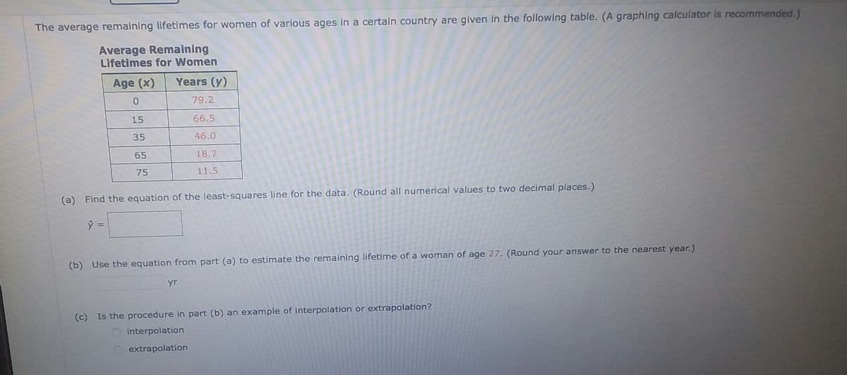 The average remaining lifetimes for women of various ages in a certain country are given in the following table. (A graphing calculator is recommended.)
Average Remaining
Lifetimes for Women
Age (x)
Years (y)
0.
79.2
15
66.5
35
46.0
65
18.7
75
11.5
(a) Find the equation of the least-squares line for the data. (Round all numerical values to two decimal places.)
(b) Use the equation from part (a) to estimate the remaining lifetime of a woman of age 27. (Round your answer to the nearest year.)
yr
(c) Is the procedure in part (b) an example of interpolation or extrapolation?
interpolation
extrapolation
