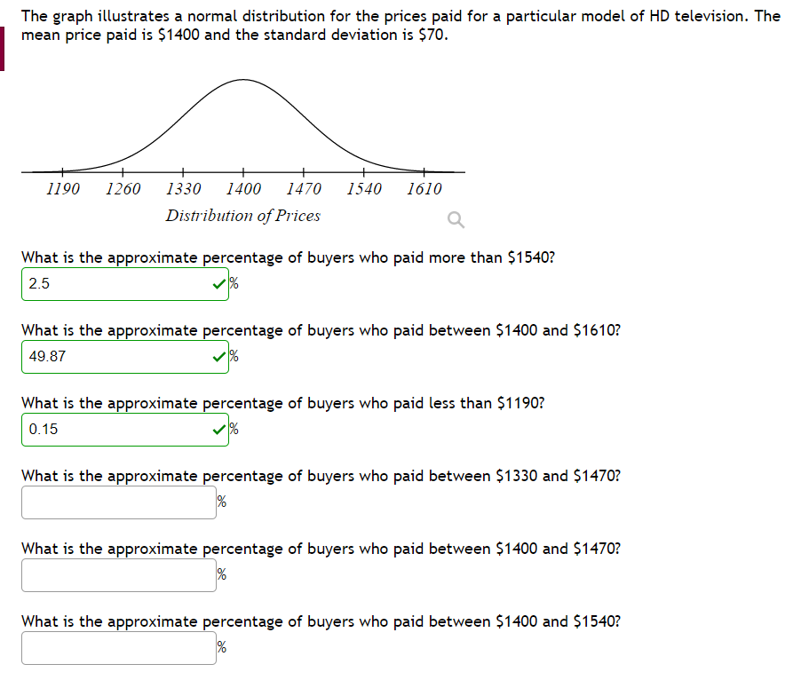 The graph illustrates a normal distribution for the prices paid for a particular model of HD television. The
mean price paid is $1400 and the standard deviation is $70.
1190
1260
1330
1400
1470
1540
1610
Distribution of Prices
What is the approximate percentage of buyers who paid more than $1540?
2.5
What is the approximate percentage of buyers who paid between $1400 and $1610?
49.87
What is the approximate percentage of buyers who paid less than $1190?
0.15
%.
What is the approximate percentage of buyers who paid between $1330 and $1470?
What is the approximate percentage of buyers who paid between $1400 and $1470?
%
What is the approximate percentage of buyers who paid between $1400 and $1540?
