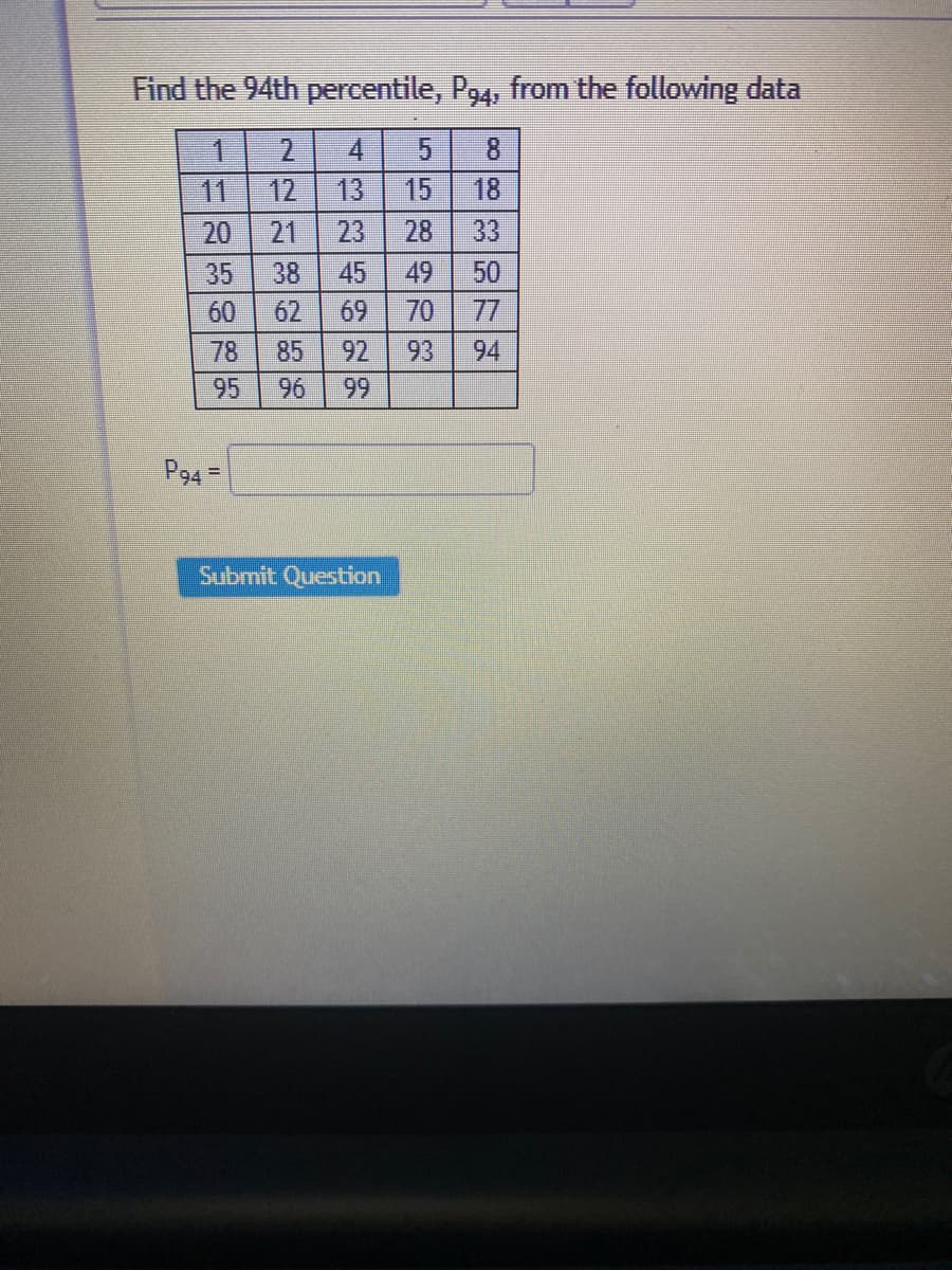 Find the 94th percentile, Po4, from the following data
5
18
一
2.
4
8.
11
12
13
15
20
21
23
28
33
35
38
45
49
50
62
69
70
77
78
85
92
93
94
95
96
99
P94 =
Submit Question
60
