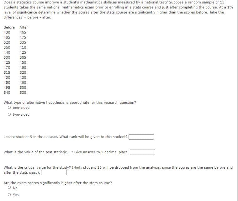 Does a statistics course improve a student's mathematics skills,as measured by a national test? Suppose a random sample of 13
students takes the same national mathematics exam prior to enrolling in a stats course and just after completing the course. At a 1%
level of significance determine whether the scores after the stats course are significantly higher than the scores before. Take the
differences = before - after.
Before
After
430
465
485
475
520
535
360
410
440
425
500
505
425
450
470
480
520
430
430
450
460
495
500
540
530
What type of alternative hypothesis is appropriate for this research question?
O one-sided
O two-sided
Locate student 9 in the dataset. What rank will be given to this student?
What is the value of the test statistic, T? Give answer to 1 decimal place.
What is the critical value for the study? (Hint: student 10 will be dropped from the analysis, since the scores are the same before and
after the stats class).|
Are the exam scores significantly higher after the stats course?
O No
O Yes
