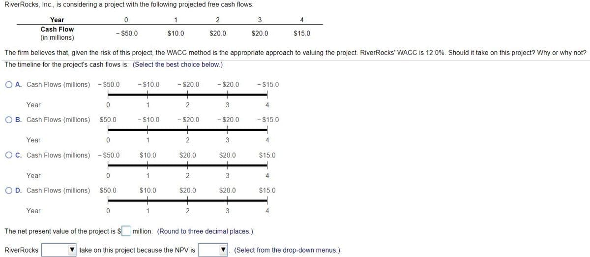 RiverRocks, Inc., is considering a project with the following projected free cash flows:
Year
2
3
4
Cash Flow
- $50.0
$10.0
$20.0
$20.0
$15.0
(in millions)
The firm believes that, given the risk of this project, the WACC method is the appropriate approach to valuing the project. RiverRocks' WACC is 12.0%. Should it take on this project? Why or why not?
The timeline for the project's cash flows is: (Select the best choice below.)
O A. Cash Flows (millions)
$50.0
- $10.0
- $20.0
- $20.0
- $15.0
Year
1
2
3
4
O B. Cash Flows (millions)
$50.0
- $10.0
$20.0
- $20.0
- $15.0
+
Year
1
2
3
4
O C. Cash Flows (millions) - $50.0
$10.0
$20.0
$20.0
$15.0
Year
2
3
4
O D. Cash Flows (millions)
$50.0
$10.0
$20.0
$20.0
$15.0
Year
1
2
3
4
The net present value of the project is S million. (Round to three decimal places.)
RiverRocks
V take on this project because the NPV is
(Select from the drop-down menus.)
