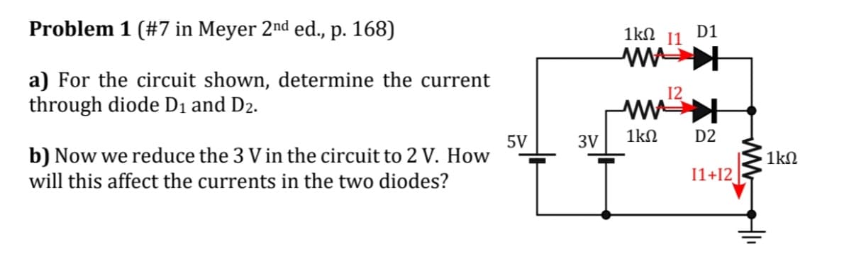 Problem 1 (#7 in Meyer 2nd ed., p. 168)
a) For the circuit shown, determine the current
through diode D₁ and D2.
b) Now we reduce the 3 V in the circuit to 2 V. How
will this affect the currents in the two diodes?
5V
3V
1kΩ
11
www
12
www
1kΩ
D1
✈
D2
11+12
1ΚΩ