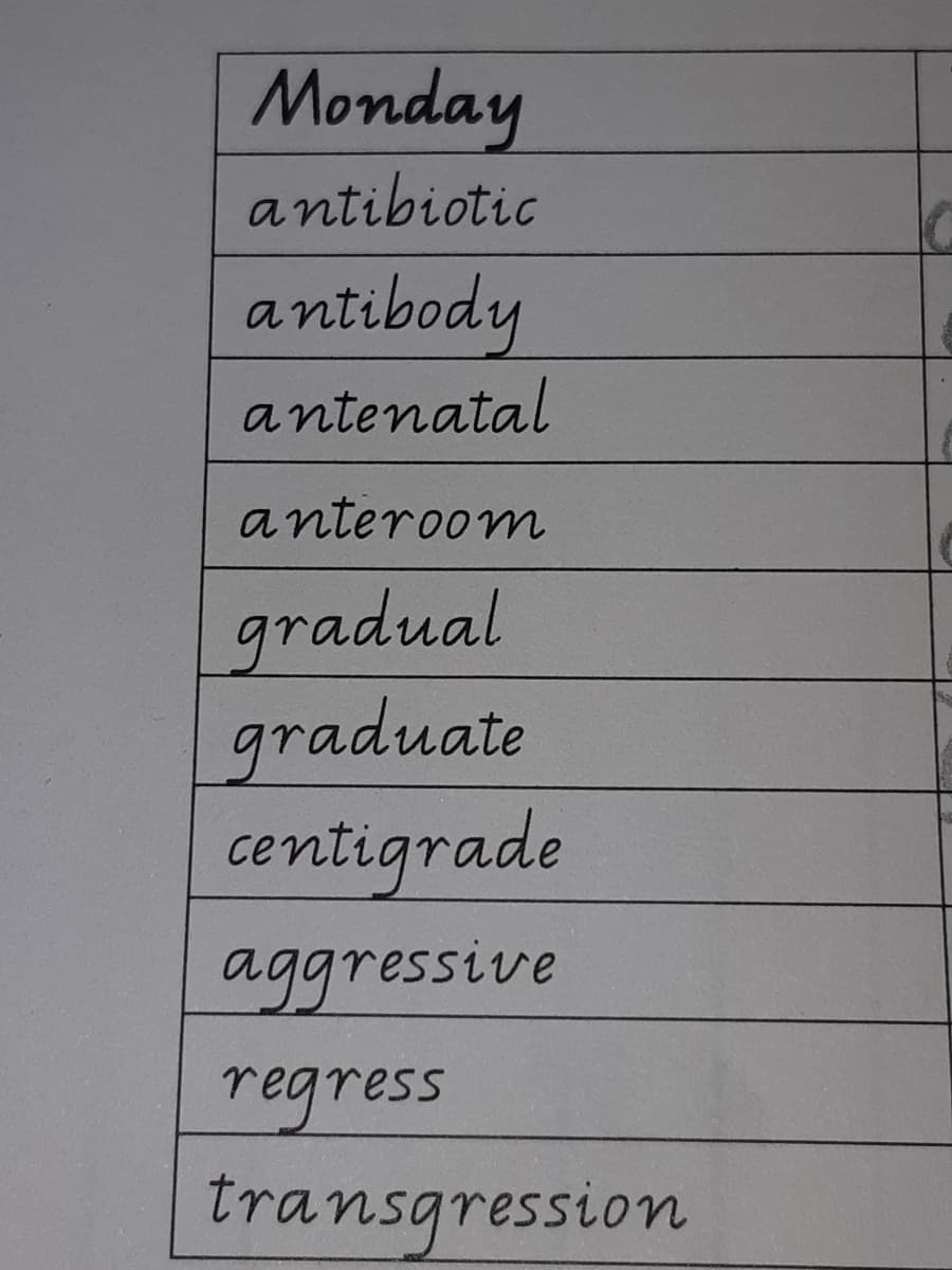 Monday
antibiotic
antibody
antenatal
anteroom
gradual
graduate
centigrade
aggressive
regress
transgression
