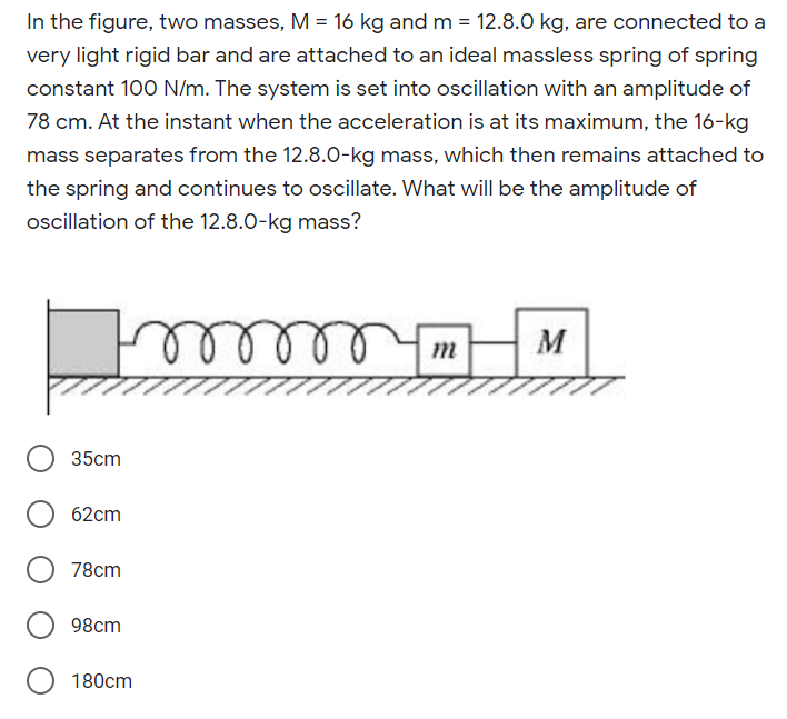 In the figure, two masses, M = 16 kg and m = 12.8.0 kg, are connected to a
very light rigid bar and are attached to an ideal massless spring of spring
constant 100 N/m. The system is set into oscillation with an amplitude of
78 cm. At the instant when the acceleration is at its maximum, the 16-kg
mass separates from the 12.8.0-kg mass, which then remains attached to
the spring and continues to oscillate. What will be the amplitude of
ocillation of the 12.8.0-kg mass?
M
uhlll
35сm
62cm
78cm
98cm
180cm
