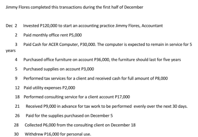 Jimmy Flores completed this transactions during the first half of December
Dec 2 Invested P120,000 to start an accounting practice Jimmy Flores, Accountant
2 Paid monthly office rent P5,000
3 Paid Cash for ACER Computer, P30,000. The computer is expected to remain in service for 5
years
4 Purchased office furniture on account P36,000, the furniture should last for five years
5 Purchased supplies on account P3,000
9
Performed tax services for a client and received cash for full amount of P8,000
12 Paid utility expenses P2,000
18 Performed consulting service for a client account P17,000
21 Received P9,000 in advance for tax work to be performed evenly over the next 30 days.
26 Paid for the supplies purchased on December 5
28
Collected P6,000 from the consulting client on December 18
30
Withdrew P16,000 for personal use.
