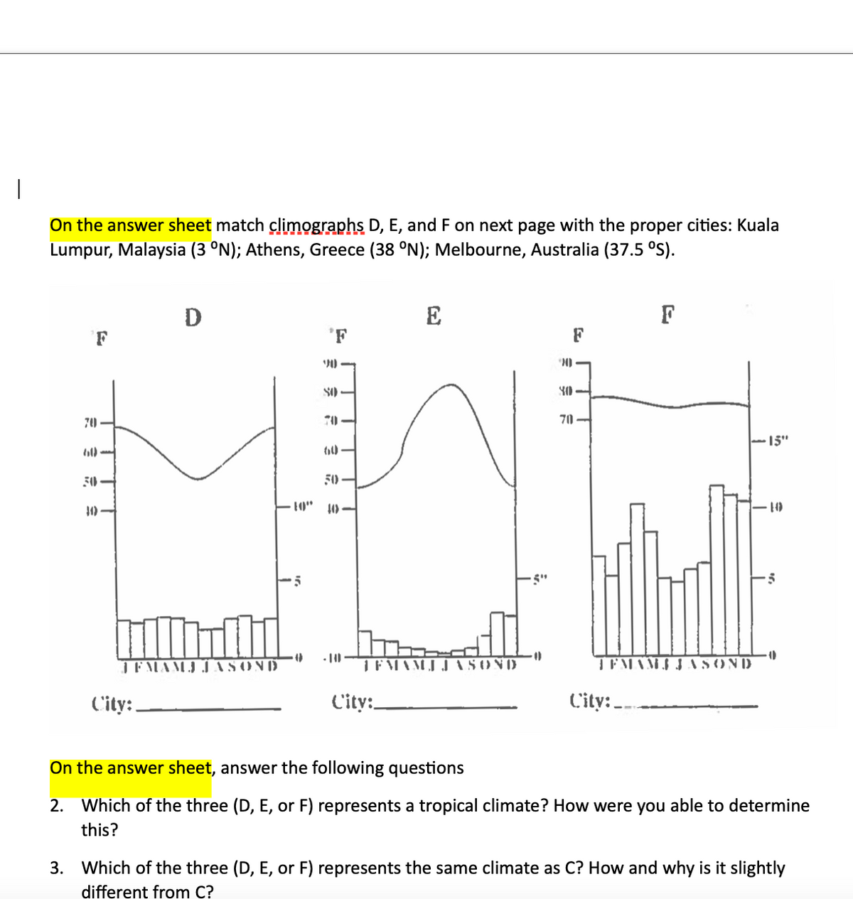 On the answer sheet match climographs D, E, and F on next page with the proper cities: Kuala
Lumpur, Malaysia (3 °N); Athens, Greece (38 °N); Melbourne, Australia (37.5 °S).
F
70
bild
30-
10)
D
JEMAM3 JASOND
City:
10"
-5
0
'F
90
SO-
3
60
50
40
-10-
E
h
JEMANJ JASOND
City:
-5"
-0
20
F
80-
70-
F
TEMAMS JASOND
City:
15"
10
3
0
On the answer sheet, answer the following questions
2. Which of the three (D, E, or F) represents a tropical climate? How were you able to determine
this?
3. Which of the three (D, E, or F) represents the same climate as C? How and why is it slightly
different from C?