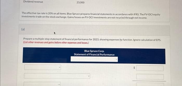 Dividend revenue
23,000
The effective tax rate is 20% on all items. Blue Spruce prepares financial statements in accordance with IFRS. The FV-OCI equity
investments trade on the stock exchange. Gains/losses on FV-OCI investments are not recycled through net income.
(a)
Prepare a multiple-step statement of financial performance for 2023, showing expenses by function. Ignore calculation of EPS.
(List other revenues and gains before other expenses and losses.)
Blue Spruce Corp.
Statement of Financial Performance