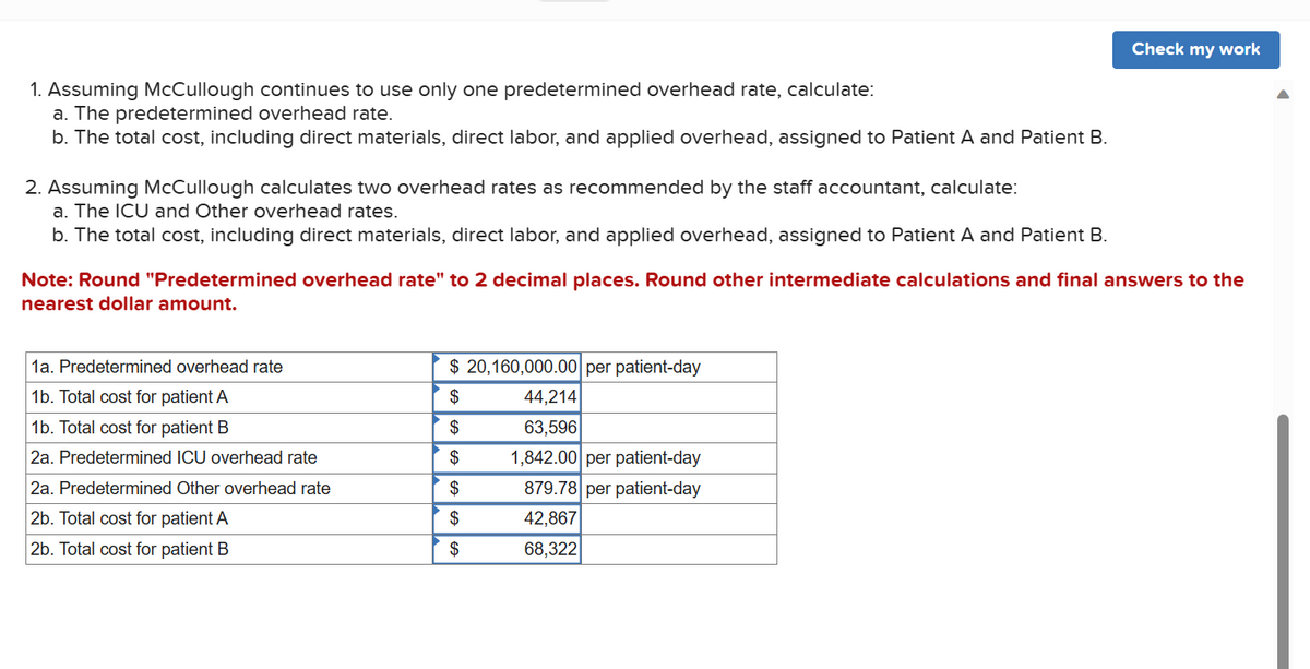 1. Assuming McCullough continues to use only one predetermined overhead rate, calculate:
a. The predetermined overhead rate.
b. The total cost, including direct materials, direct labor, and applied overhead, assigned to Patient A and Patient B.
2. Assuming McCullough calculates two overhead rates as recommended by the staff accountant, calculate:
a. The ICU and Other overhead rates.
b. The total cost, including direct materials, direct labor, and applied overhead, assigned to Patient A and Patient B.
Note: Round "Predetermined overhead rate" to 2 decimal places. Round other intermediate calculations and final answers to the
nearest dollar amount.
1a. Predetermined overhead rate
1b. Total cost for patient A
1b. Total cost for patient B
2a. Predetermined ICU overhead rate
2a. Predetermined Other overhead rate
2b. Total cost for patient A
2b. Total cost for patient B
$ 20,160,000.00 per patient-day
$
$
$
$
$
$
Check my work
44,214
63,596
1,842.00 per patient-day
879.78 per patient-day
42,867
68,322