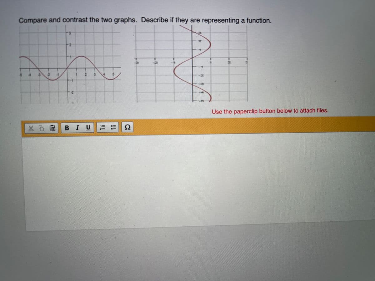 Compare and contrast the two graphs. Describe if they are representing a function.
2.
Use the paperclip button below to attach files.
XD GBI U 2
