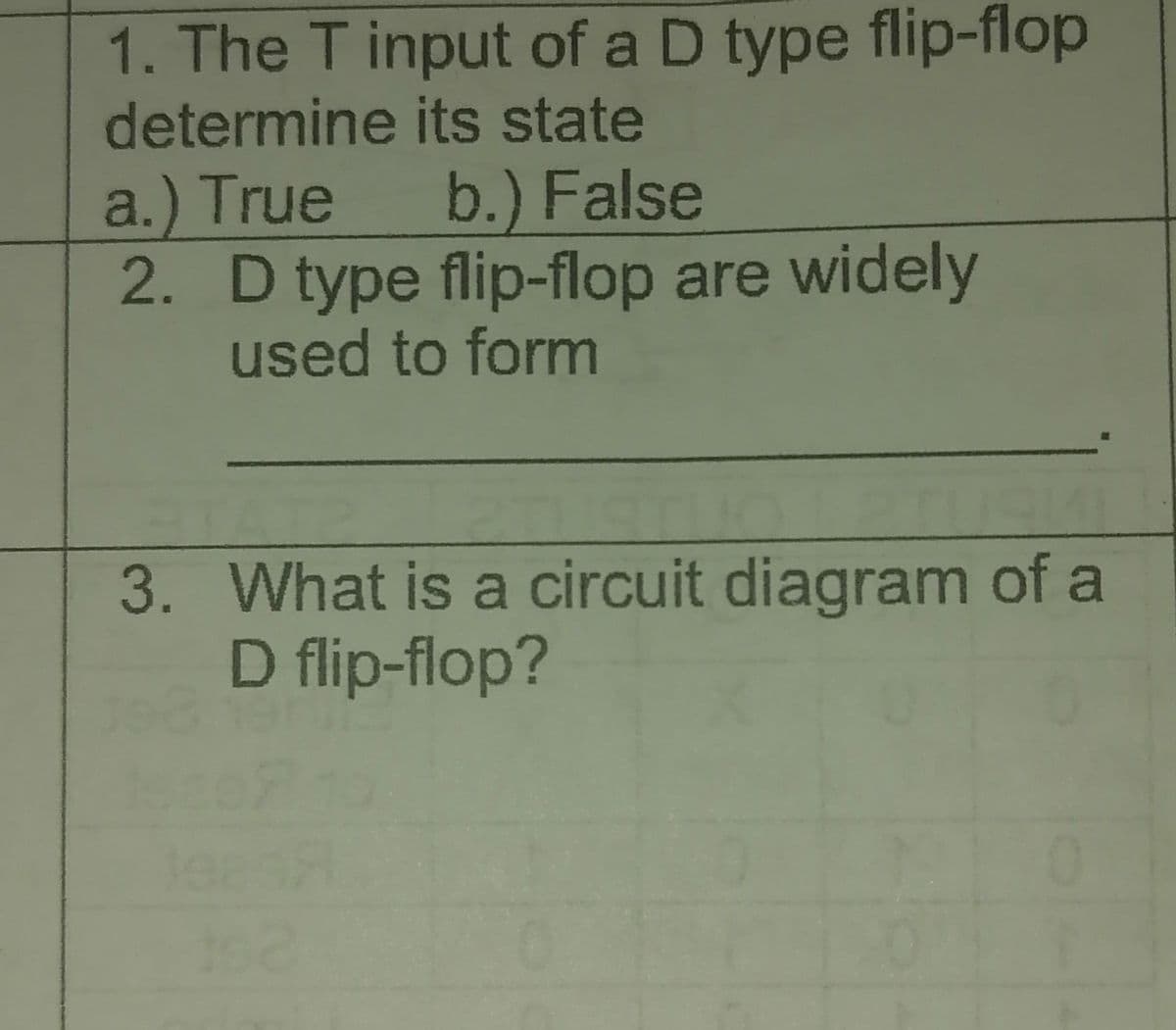 1. The T input of a D type flip-flop
determine
its state
a.) True
b.) False
2. D type flip-flop are widely
used to form
3. What is a circuit diagram of a
D flip-flop?
A-
2