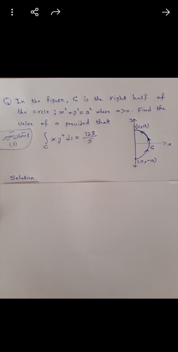 In the figure, C is the right half of
the circle x+y²= a² where a>o. Find the
Value of
provided that
(0,a)
اعان مصر
Jxy*ds = 128
()
(0,-a)
Solution.
•..
