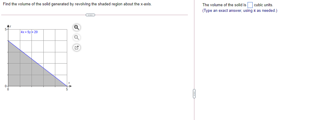 | cubic units.
(Type an exact answer, using t as needed.)
Find the volume of the solid generated by revolving the shaded region about the x-axis.
The volume of the solid is
Ay
5-
4x + 5y - 20

