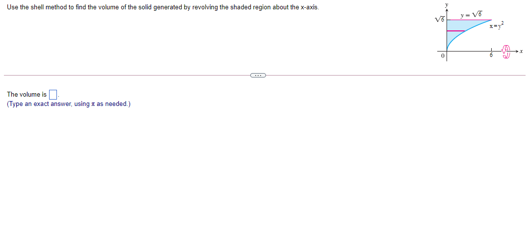 Use the shell method to find the volume of the solid generated by revolving the shaded region about the x-axis.
y = V6
The volume is
(Type an exact answer, using t as needed.)
