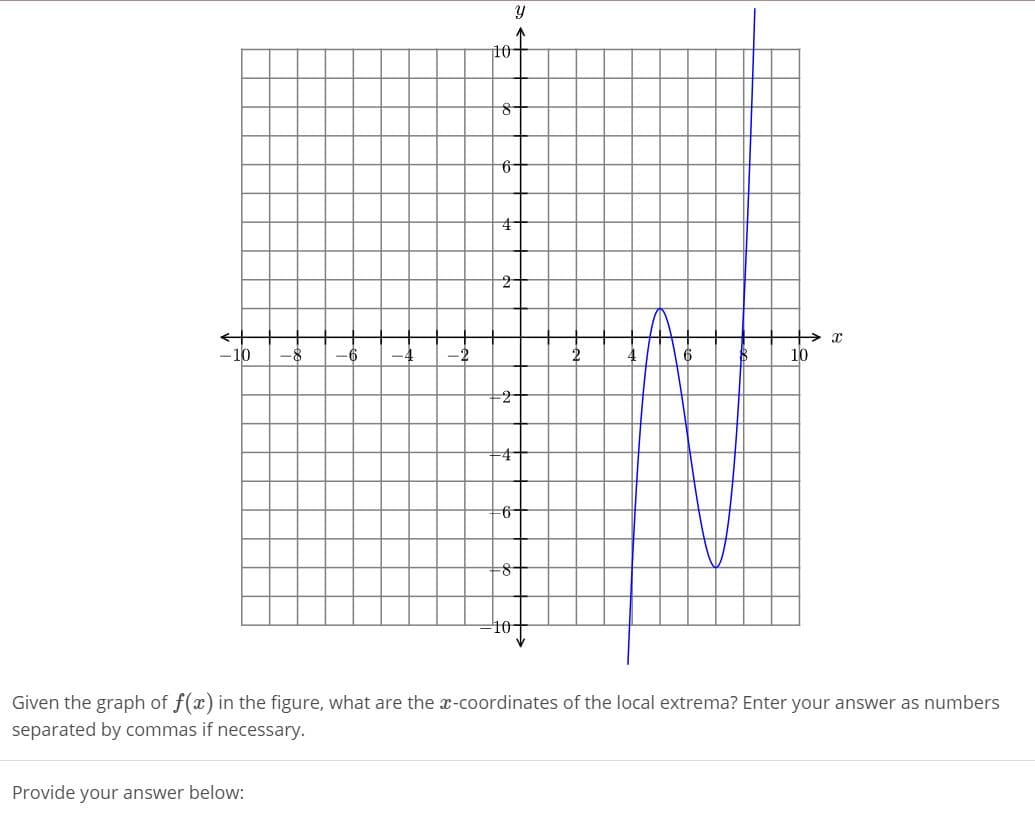 10-
6-
-10
-8
-2
10
-8
10-
Given the graph of f(x) in the figure, what are the x-coordinates of the local extrema? Enter your answer as numbers
separated by commas if necessary.
Provide your answer below:
