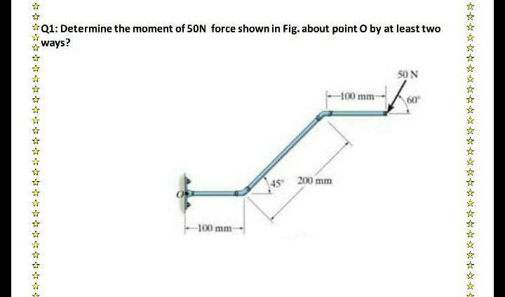 *Q1: Determine the moment of 50N force shown in Fig. about point O by at least two
ways?
50 N
100 mm-
60
45 200 mm
100 mm-
☆☆☆文女女☆☆女☆☆文☆☆☆次☆☆☆次女☆☆次☆☆☆☆中
中学号学学琴学中学母学举基号学学学母学孕琴早学学学学中学
