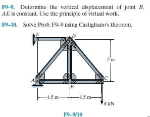 F9-9. Determine the vertical displacement of joint B.
AE is constant. Use the principle of virtual work.
F9-10. Solve Prob. F9-9 using Castigliano's theorem.
2'm
-1.5 m
-1.5 m-
8 kN
F9-9/10
