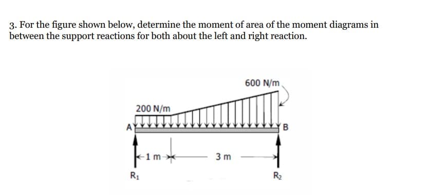 3. For the figure shown below, determine the moment of area of the moment diagrams in
between the support reactions for both about the left and right reaction.
600 N/m.
200 N/m
B
3 m
R1
R2
