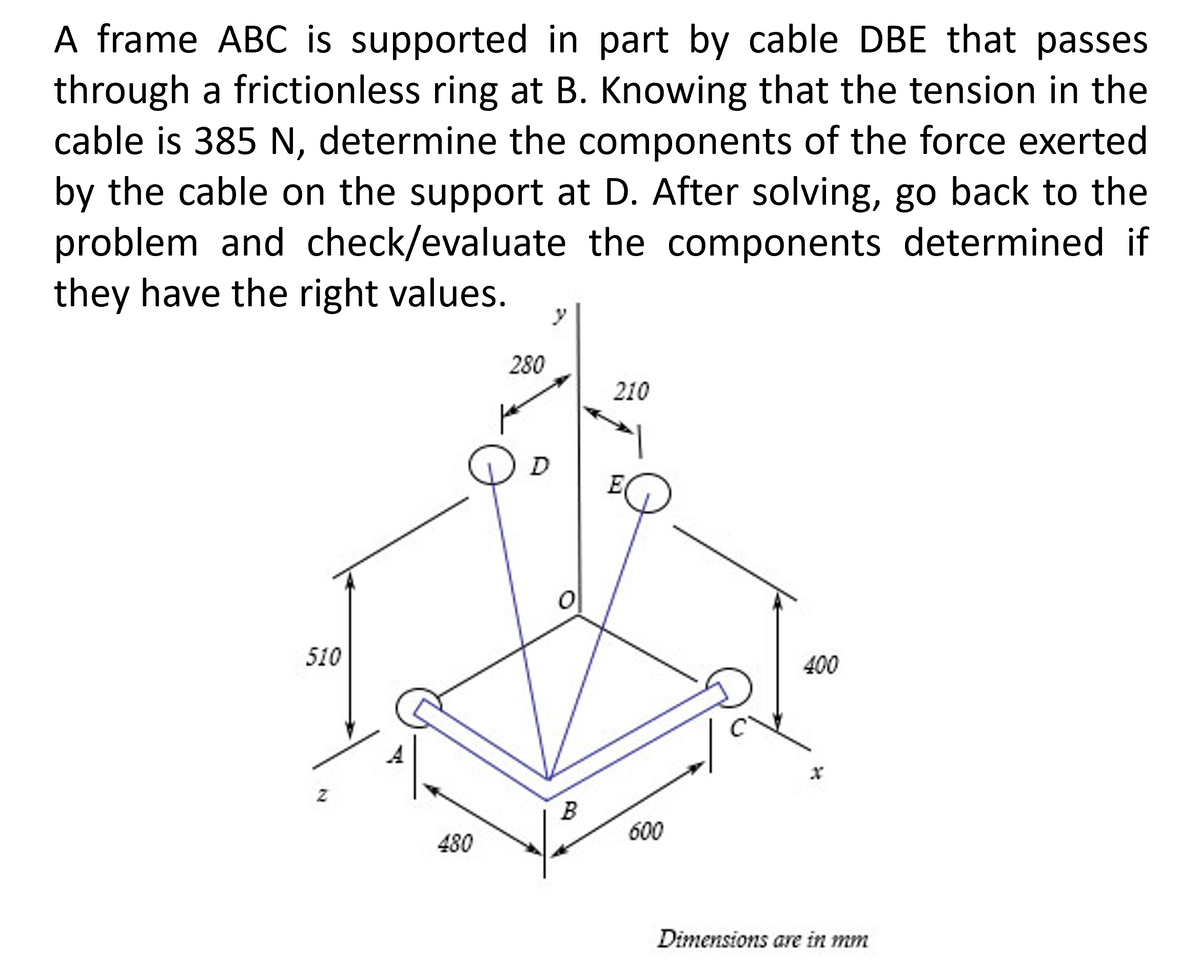 A frame ABC is supported in part by cable DBE that passes
through a frictionless ring at B. Knowing that the tension in the
cable is 385 N, determine the components of the force exerted
by the cable on the support at D. After solving, go back to the
problem and check/evaluate the components determined if
they have the right values. y
280
510
Z
480
D
B
210
E
600
400
Dimensions are in mm