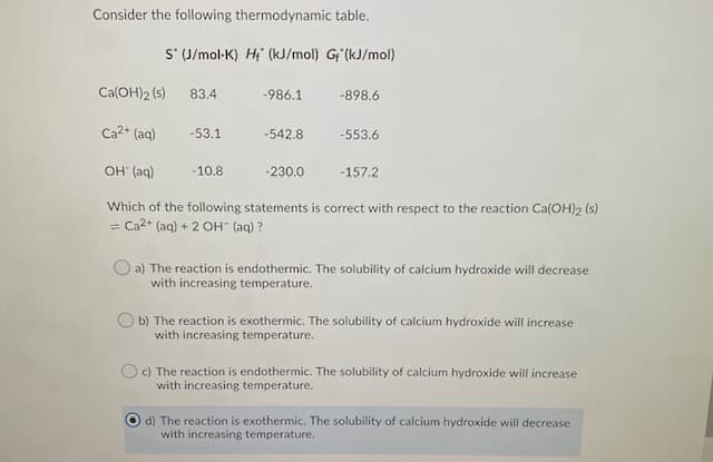 Consider the following thermodynamic table.
S' (J/mol-K) Hi (kJ/mol) G'(kJ/mol)
Ca(OH)2 (s)
83.4
-986.1
-898.6
Ca2+ (aq)
-53.1
-542.8
-553.6
OH (aq)
-10.8
-230.0
-157.2
Which of the following statements is correct with respect to the reaction Ca(OH)2 (s)
= Ca2* (aq) + 2 OH" (aq) ?
a) The reaction is endothermic. The solubility of calcium hydroxide will decrease
with increasing temperature.
b) The reaction is exothermic. The solubility of calcium hydroxide will increase
with increasing temperature.
c) The reaction is endothermic. The solubility of calcium hydroxide will increase
with increasing temperature.
d) The reaction is exothermic. The solubility of calcium hydroxide will decrease
with increasing temperature.
