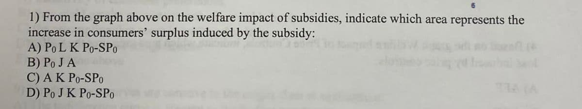 1) From the graph above on the welfare impact of subsidies, indicate which area represents the
increase in consumers' surplus induced by the subsidy:
A) Po L K Po-SPo
B) Po JA
C) AK Po-SPo
D) Po J K Po-SPo
