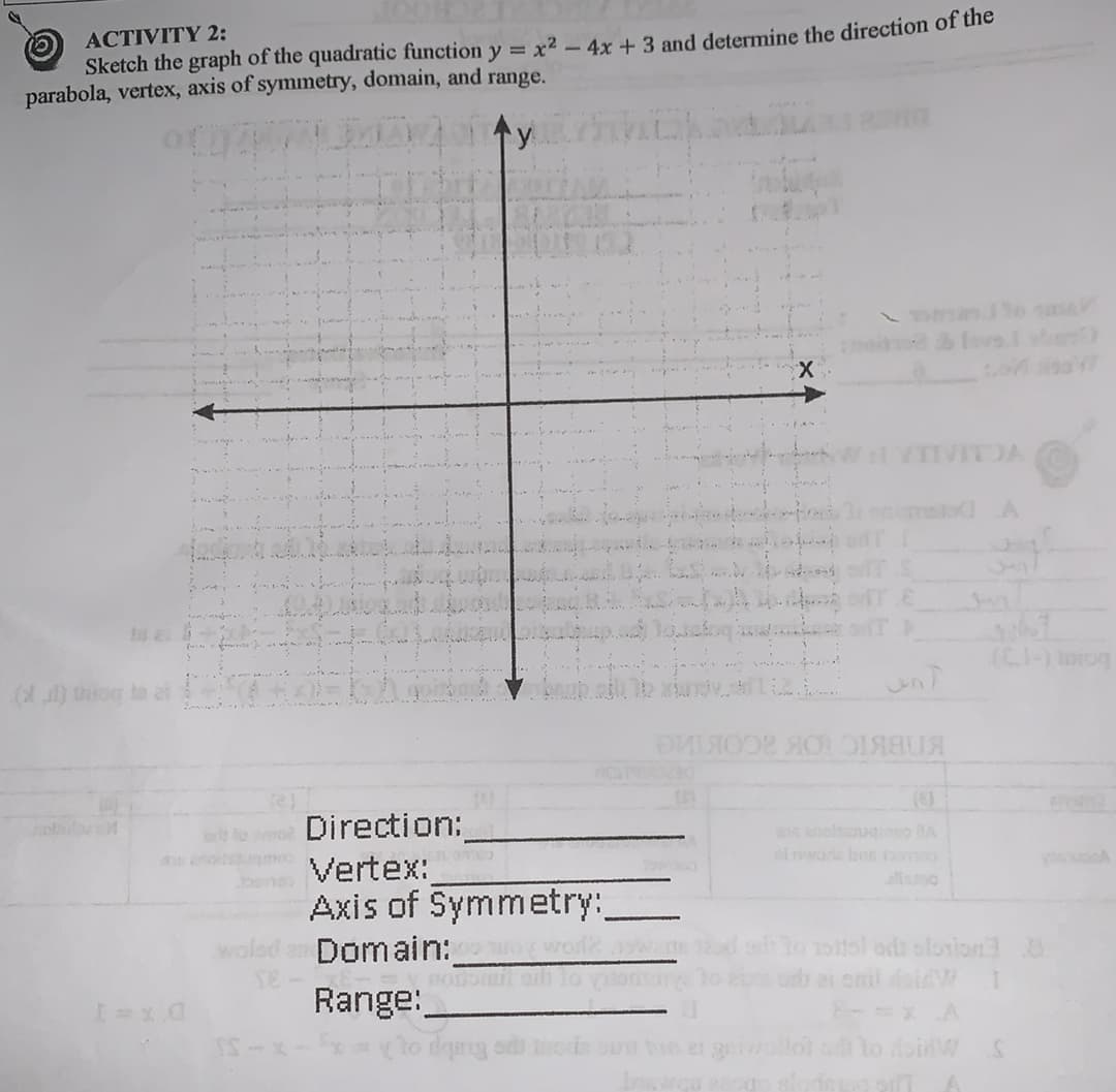 Sketch the graph of the quadratic function y = x² - 4x + 3 and determine the direction of the
parabola, vertex, axis of symmetry, domain, and range.
ACTIVITY 2:
ovs.s
VIIVITOA
3.
tu e
(CI-) toiog
(l) thog to af
(6)
o Direction;
Vertex:
Axis of Symmetry:
Domain:
Range:
to
6noltu o A
ninware bee m
s eno
wolod
To osl od slonion3
odh ei omil dolW
EX A
