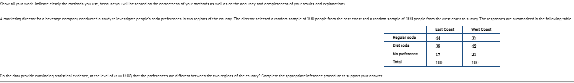 ill be scored on the correctness of your methods a
ing statistical evidence, at the level of a= 0.05, tha
