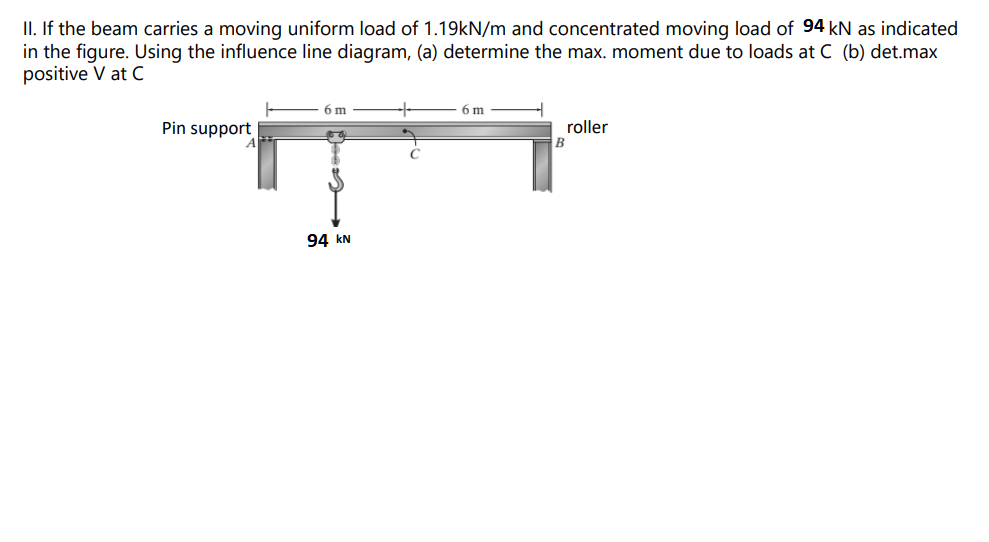 II. If the beam carries a moving uniform load of 1.19kN/m and concentrated moving load of 94 kN as indicated
in the figure. Using the influence line diagram, (a) determine the max. moment due to loads at C (b) det.max
positive V at C
6 m
6 m
Pin support
A
roller
94 kN
