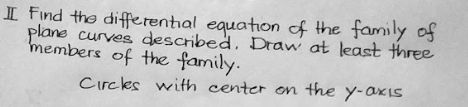 I Find the differential equation of the family of
plane curves described, Draw at least three
members of the family.
Circles with center on the y-axis

