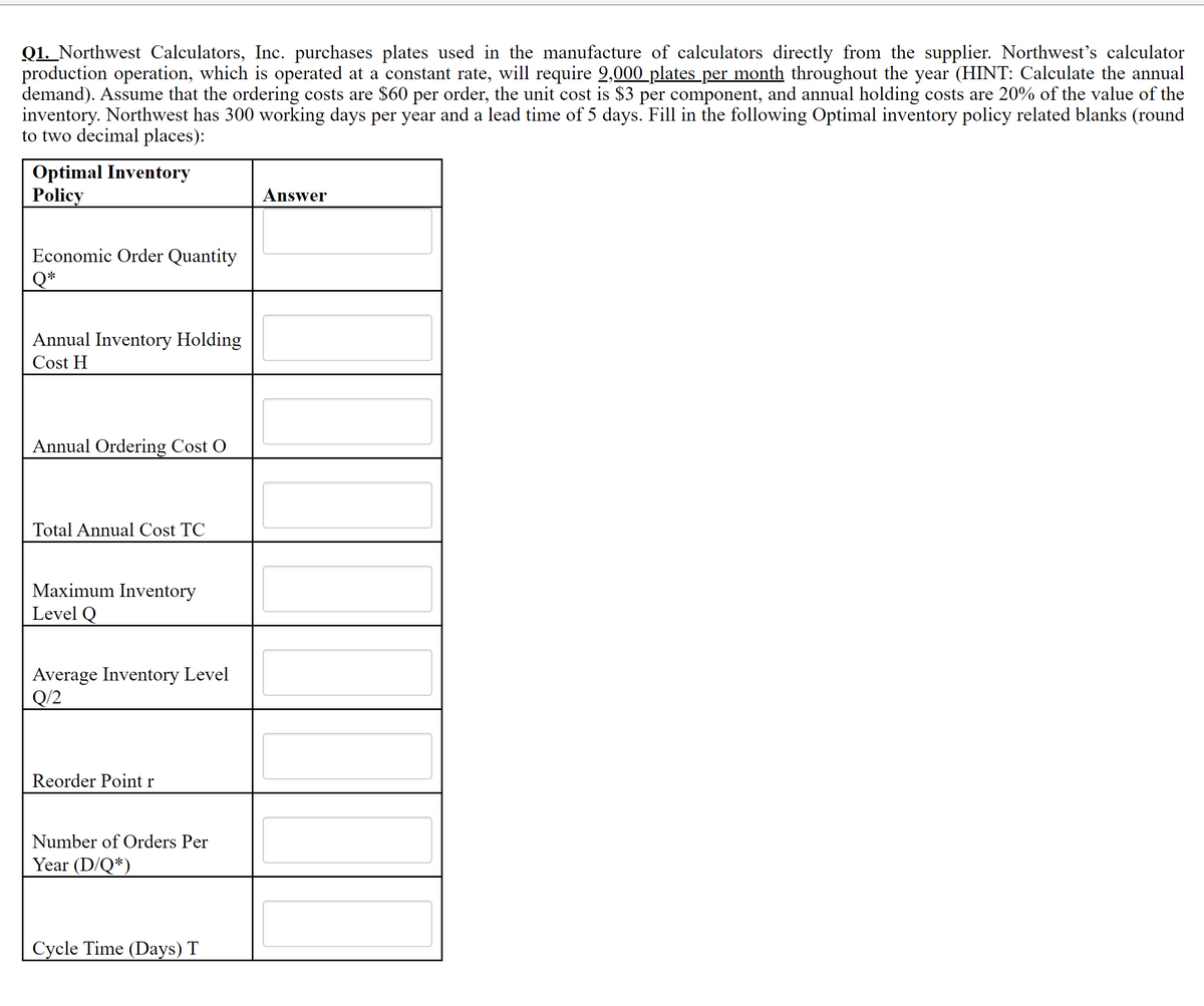 Q1. Northwest Calculators, Inc. purchases plates used in the manufacture of calculators directly from the supplier. Northwest's calculator
production operation, which is operated at a constant rate, will require 9,000 plates_per month throughout the year (HINT: Calculate the annual
demand). Assume that the ordering costs are $60 per order, the unit cost is $3 per component, and annual holding costs are 20% of the value of the
inventory. Northwest has 300 working days per year and a lead time of 5 days. Fill in the following Optimal inventory policy related blanks (round
to two decimal places):
Optimal Inventory
Policy
Answer
Economic Order Quantity
Q*
Annual Inventory Holding
Cost H
Annual Ordering Cost O
Total Annual Cost TC
Maximum Inventory
Level Q
Average Inventory Level
Q/2
Reorder Point r
Number of Orders Per
Year (D/Q*)
Cycle Time (Days) T
