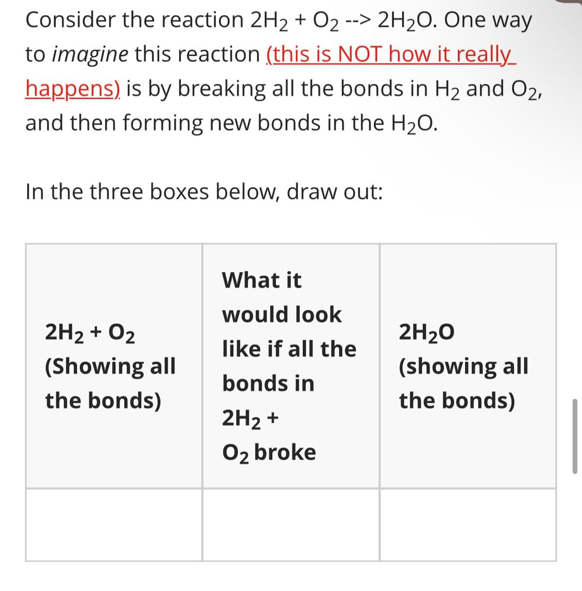 Consider the reaction 2H₂ + O₂ --> 2H₂O. One way
to imagine this reaction (this is NOT how it really
happens) is by breaking all the bonds in H₂ and O2,
and then forming new bonds in the H₂O.
In the three boxes below, draw out:
2H₂ + O2
(Showing all
the bonds)
What it
would look
like if all the
bonds in
2H₂ +
O2 broke
2H₂O
(showing all
the bonds)